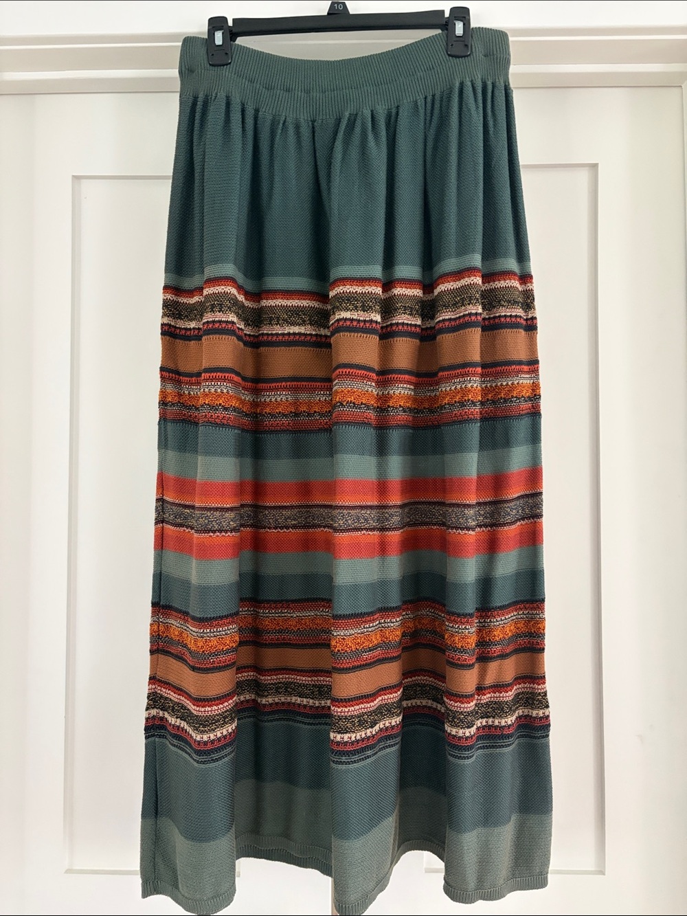 Peruvian Connection Traditional Teal Maxi Skirt with Rust and Brown Stripes, L
